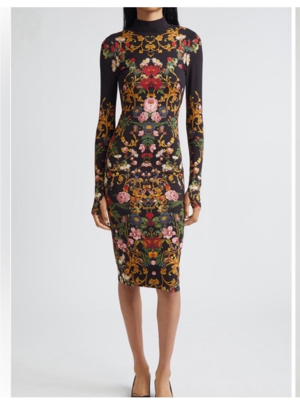 ✨NEW✨Alice + Olivia Delora Turtleneck Long Sleeve Midi Dress Floral Black Size 2